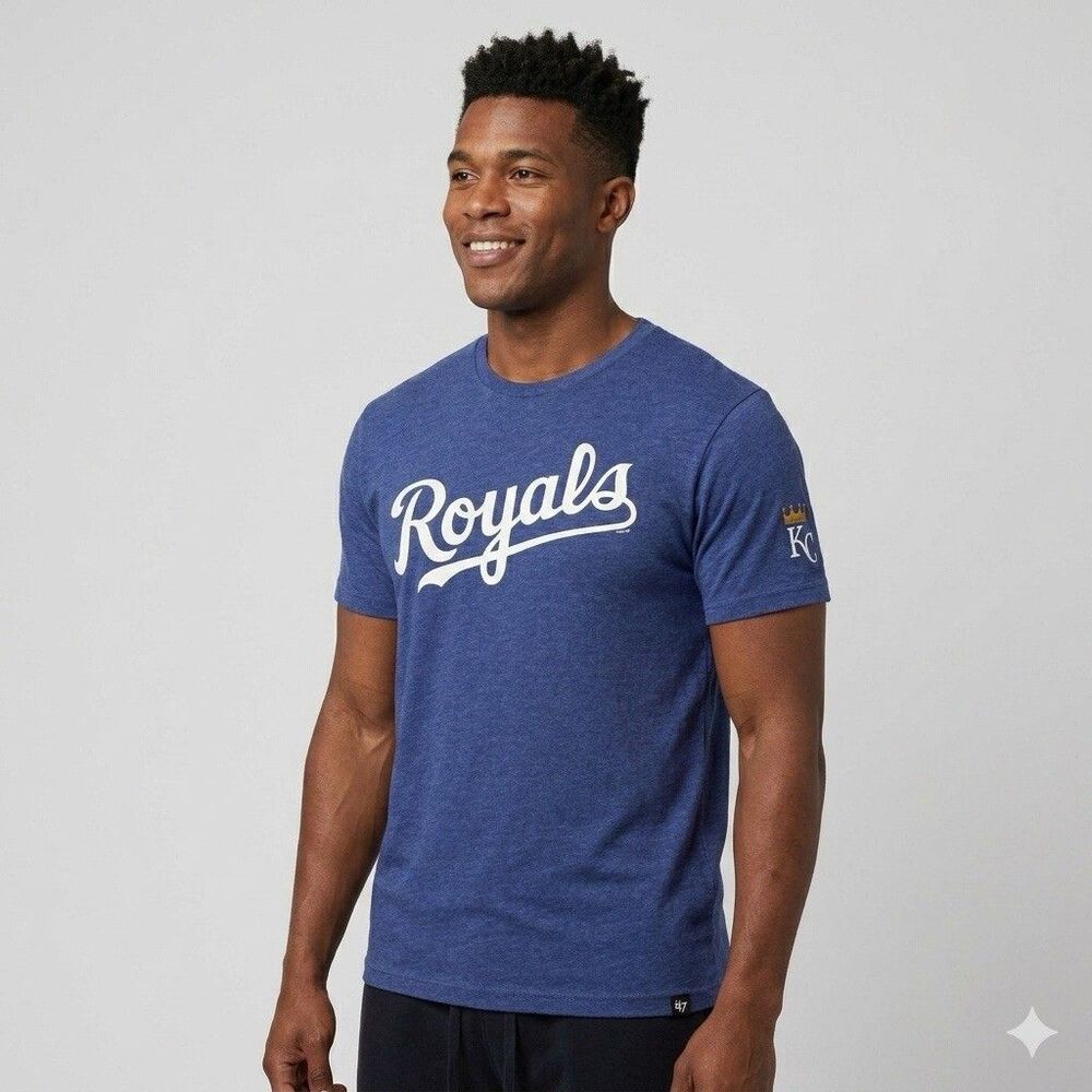 Kansas City Royals MLB Blue Heather Tee Shirt Mens L White Script KC Sleeve NWOT